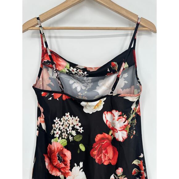 Bebe Satin Midi Slip Dress Floral Print Draped Cowl Neck Spaghetti Strap Black - Picture 7 of 10